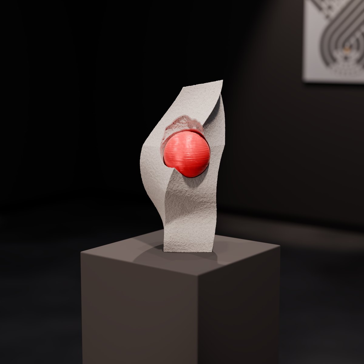 skulptur strength comes from within von ivo meier – frontalansicht mit roter kugel