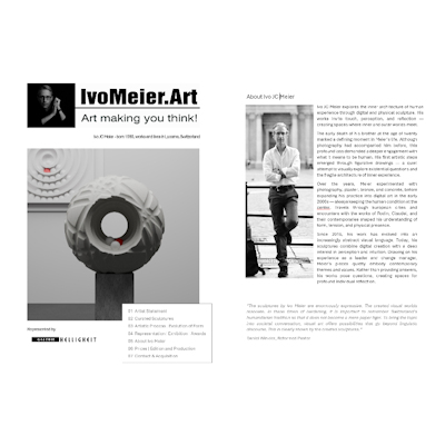 Cover of the artist dossier of Ivo JC Meier showing a white geometric sculpture.